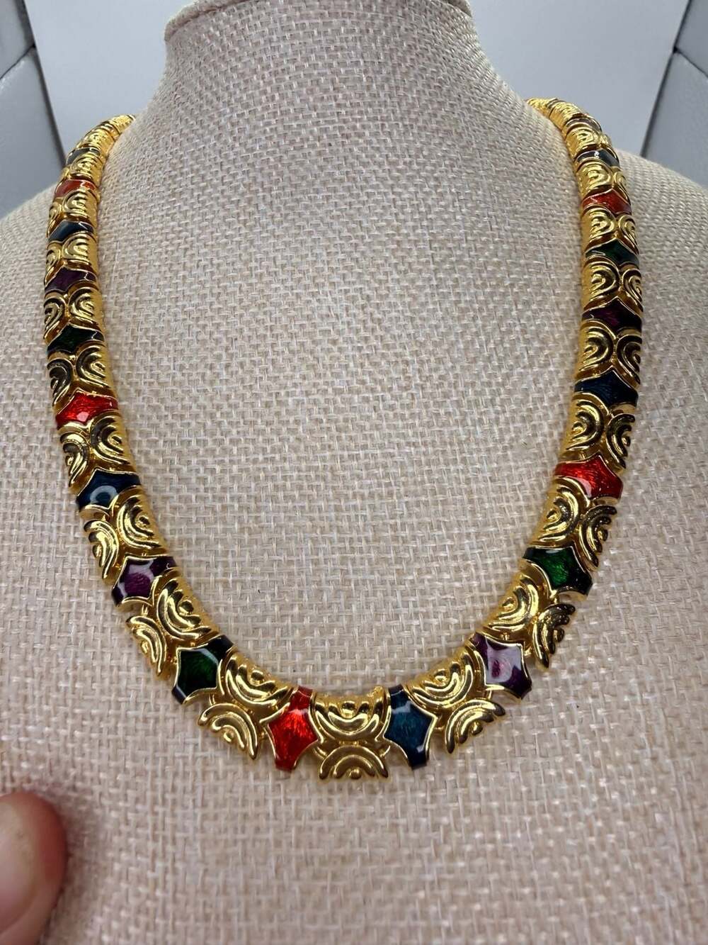 Vintage Gold Tone Colorful Enamel Necklace 18 Inch